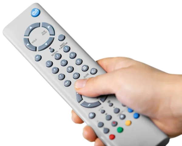 Mão segurando controlador tv — Fotografia de Stock