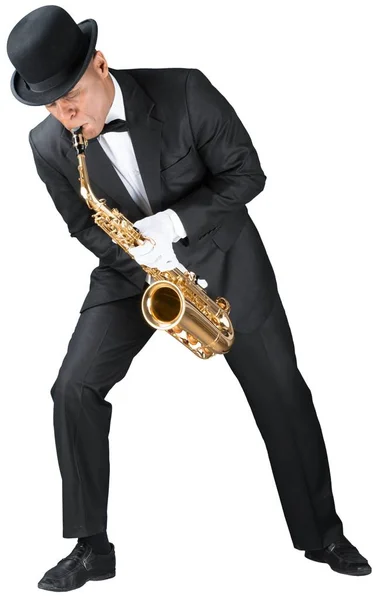 Hombre Tocando Saxofón Aislado Sobre Fondo Blanco — Foto de Stock