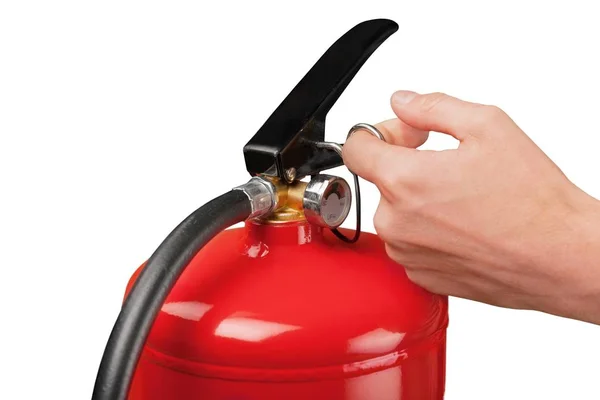 Hombre usando extintor de incendios — Foto de Stock