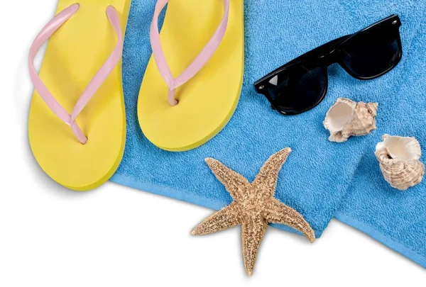 Coquille Flip Flop Sur Fond Serviette Bleue Concept Voyage — Photo