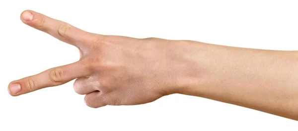 Mão Masculina Gesto Sinal Vitória Isolado Fundo Branco — Fotografia de Stock