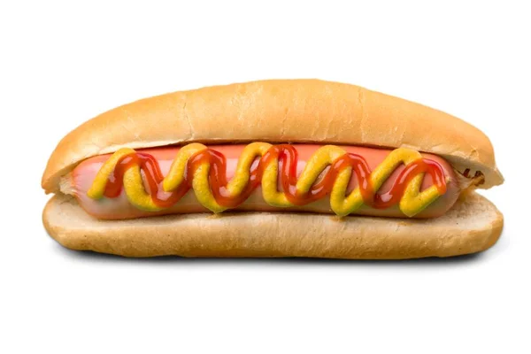 Hotdog met mosterd en ketchup — Stockfoto