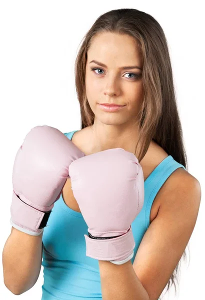 Mulher Usando Luvas Boxe Isolado Fundo Branco — Fotografia de Stock