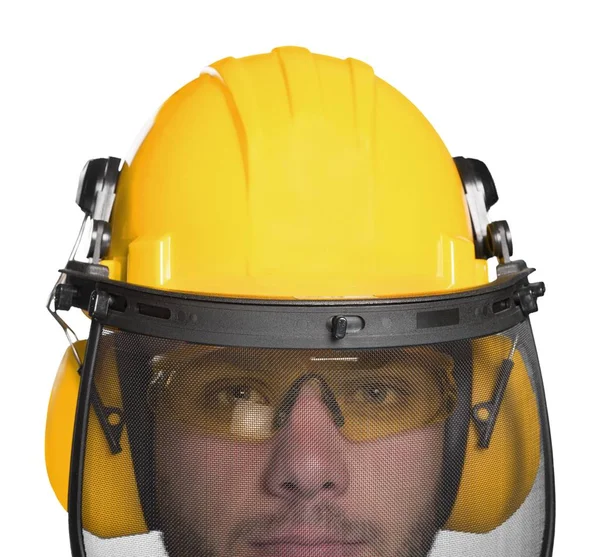 Homme en uniforme de travail et casque — Photo