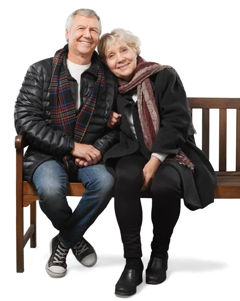 Senior Couple Sitting Bench Isolated White Background — Stock Photo, Image