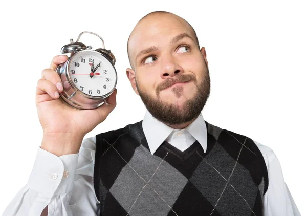 Man Holding Alarm Clock Isolated White Background — Stock Photo, Image