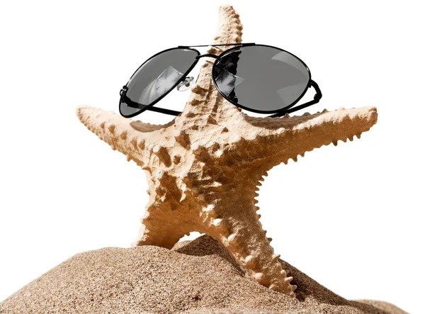 One Starfish Sunglasses Beach Sand — Stock Photo, Image