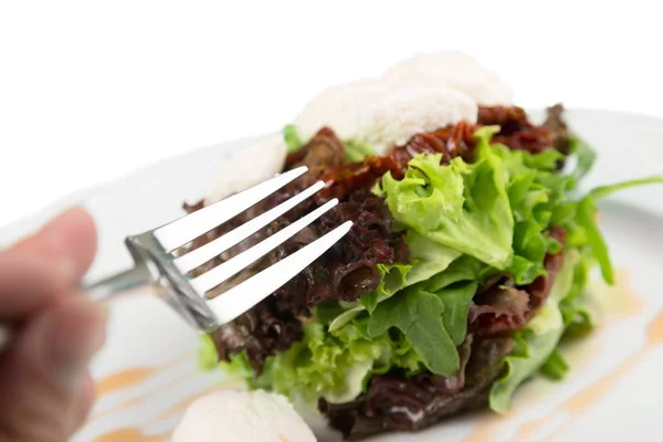 Close Van Lekkere Verse Salade Met Witte Plaat Geïsoleerd Witte — Stockfoto