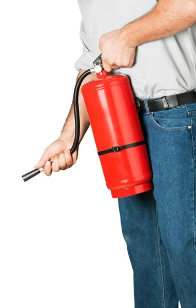 Hombre usando extintor de incendios — Foto de Stock