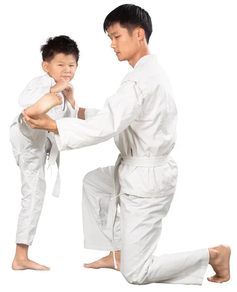 Asiatische wenig karate junge und Lehrer — Stockfoto