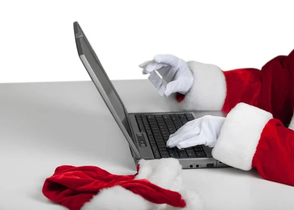 Santa Claus Zakupy Online Białym Tle Białym Tle — Zdjęcie stockowe