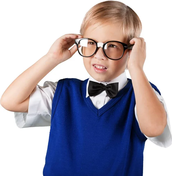 Jonge jongen in glazen denken — Stockfoto