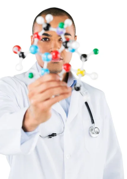 Scientist holding molecule form — Stock Photo, Image