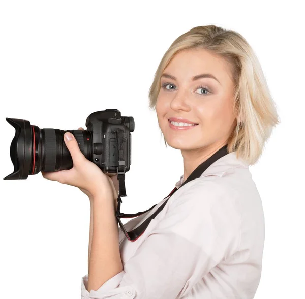 Woman holding camera — Stock Photo, Image