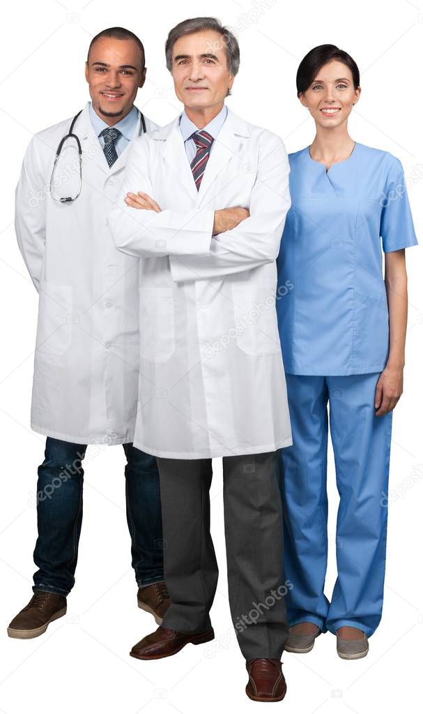 Three confident doctors isolated on white background 