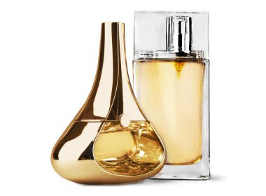 Beyaz arka plan üzerinde izole parfüm şişe moda