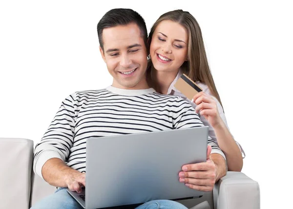 Couple Shopping Online Isolated White Background — Stock Photo, Image