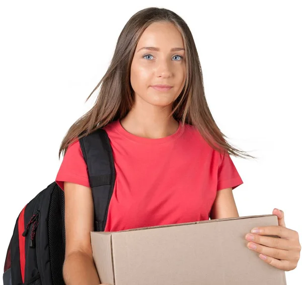 Frau mit Rucksack und Schachtel — Stockfoto