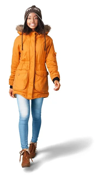 Afrikanerin Orangefarbenem Mantel Auf Weißem Hintergrund — Stockfoto