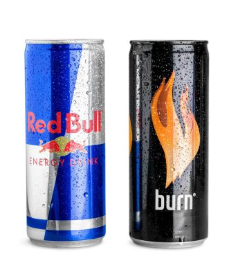 Red Bull ve Burn enerji içeceği beyaz arka plan üzerinde izole olabilir