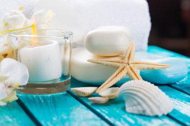 Kozmetik kapları ve deniz kabukları