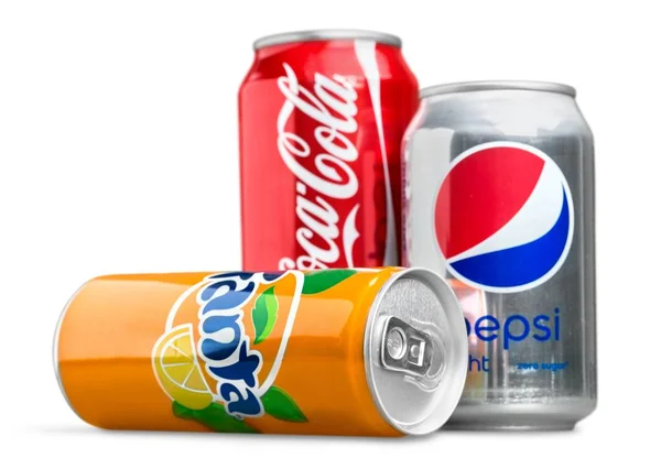 Latas de Coca Cola, Fanta y Sprite — Foto de Stock