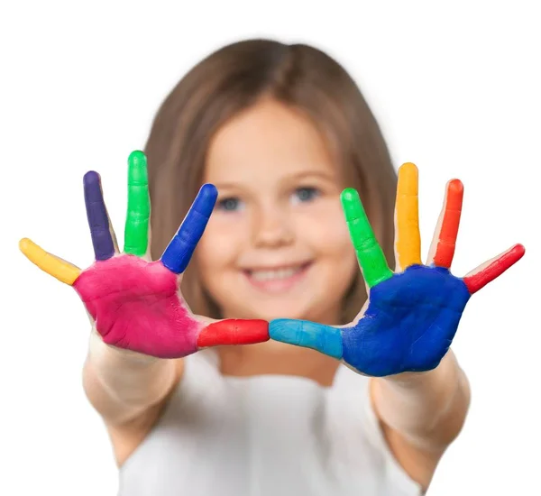 Niña Mostrando Las Manos Pintadas Aisladas Sobre Fondo Blanco —  Fotos de Stock