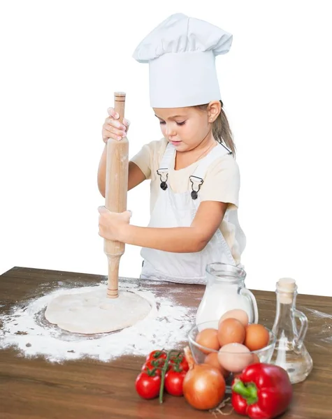 Jonge Schattig Meisje Koken Geïsoleerd Witte Achtergrond — Stockfoto