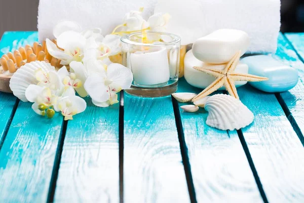 Kozmetik kapları ve deniz kabukları