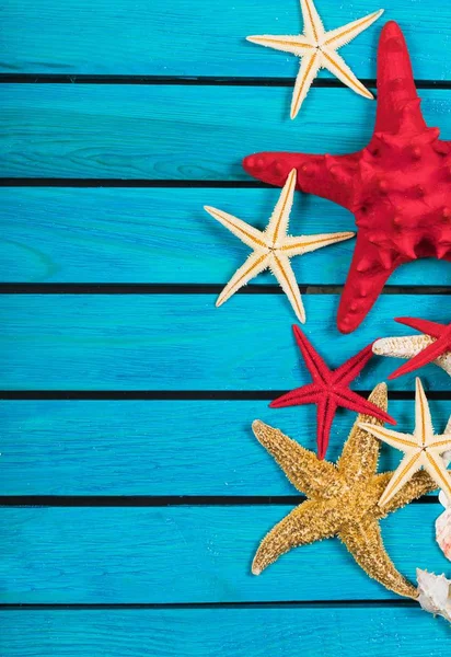 Deniz kabuğu ve flip-flop mavi ahşap zemin üzerinde. Seyahat kavramı