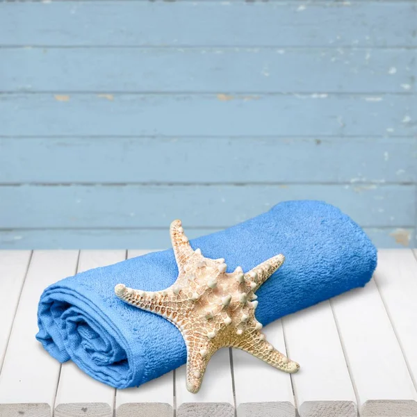 seashell on blue towel background. Travel concept