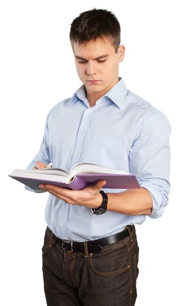Jovem Homem Negócios Terno Com Livro Segundo Plano — Fotografia de Stock
