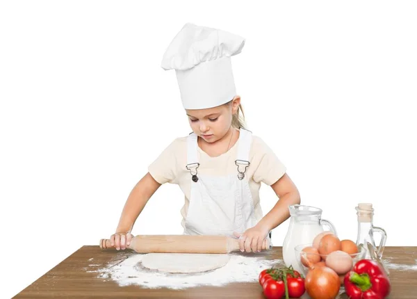 Niña Cocinando Con Masa Aislada Sobre Fondo Blanco — Foto de Stock