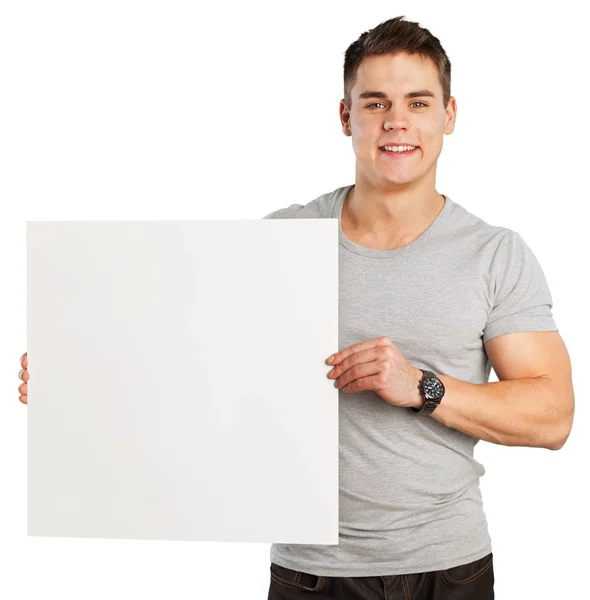 Mladý Pohledný Muž Držící Bílou Tabuli Izolovaných Bílém Pozadí — Stock fotografie
