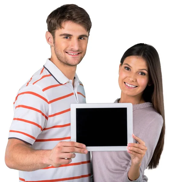 Retrato Feliz Jovem Casal Com Tablet Isolado Branco — Fotografia de Stock