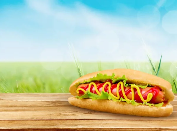 Cachorro-quente com mostarda e ketchup — Fotografia de Stock