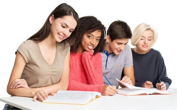 Estudiantes Escribiendo Notas Aisladas Sobre Fondo Blanco — Foto de Stock