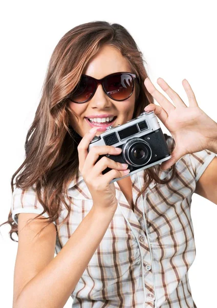 Mulher Com Câmera Retro Isolado Fundo Branco — Fotografia de Stock