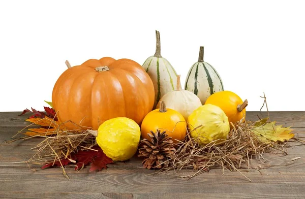 Pompoenen en bladeren op houten tafel — Stockfoto