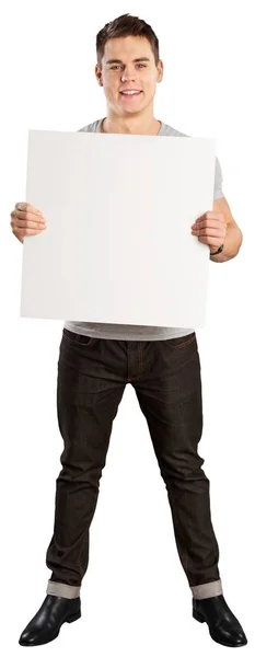 Młody Przystojny Mężczyzna Trzymając Biały Deska Białym Tle — Zdjęcie stockowe
