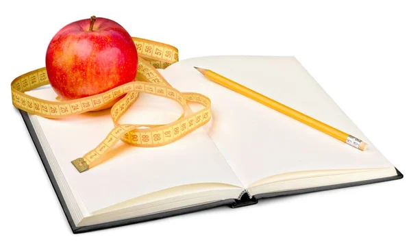 Świeże Jabłka Pomiaru Taśmy Białym Tle Notebook Obrazy Stockowe bez tantiem