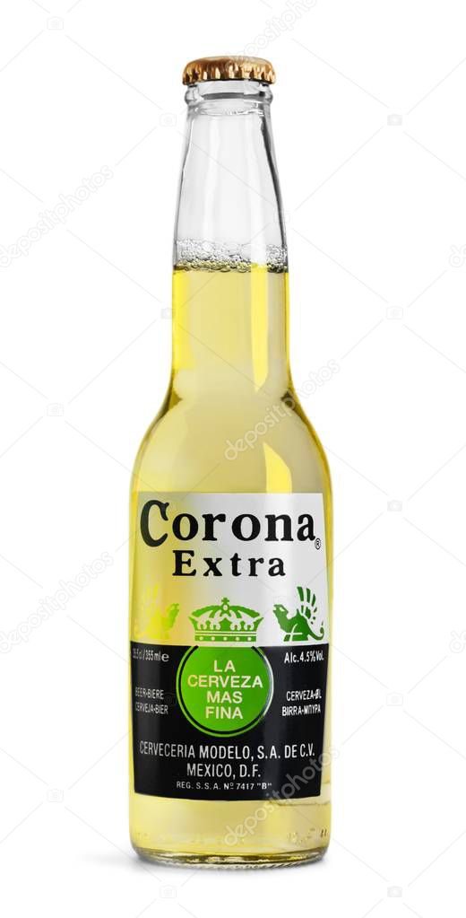 bottle of Corona Extra beer isolated on white background