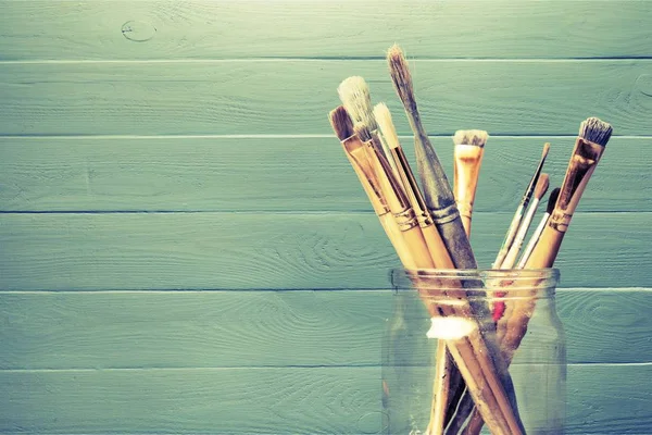 Row Artists Paintbrushes Against Natural Canvas Stock Photo 49215382