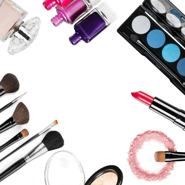 Set Verschiedener Kosmetika Isoliert Auf Weißem Hintergrund Lippenstift Parfüm Make — Stockfoto