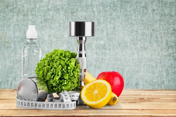 Dumbbells Measuring Tape Healthy Products — Stock Photo, Image