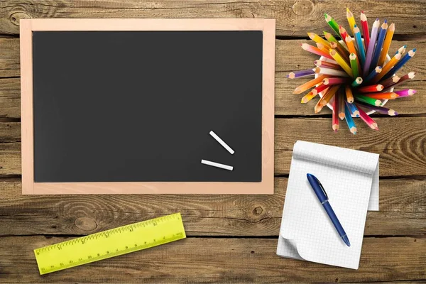 Back School Concept Pencils Pen Notepad Chalkboard — Stock Photo, Image