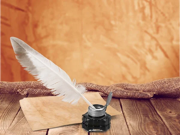 Feather quill pen and glass inkwell — Stock Photo, Image