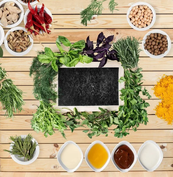 Top View Blackboard Delicious Food Wooden Table — Stock Photo, Image