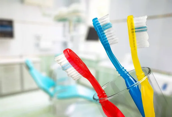 New Colorful Toothbrushes Glass Close View — Stock Photo, Image