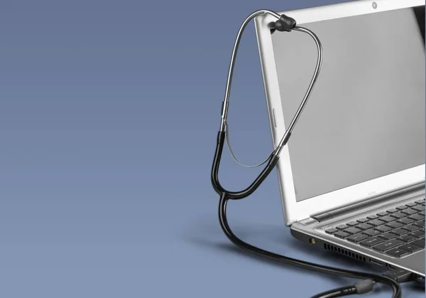 Nowoczesny Laptop Stetoskop Szarym Tle — Zdjęcie stockowe